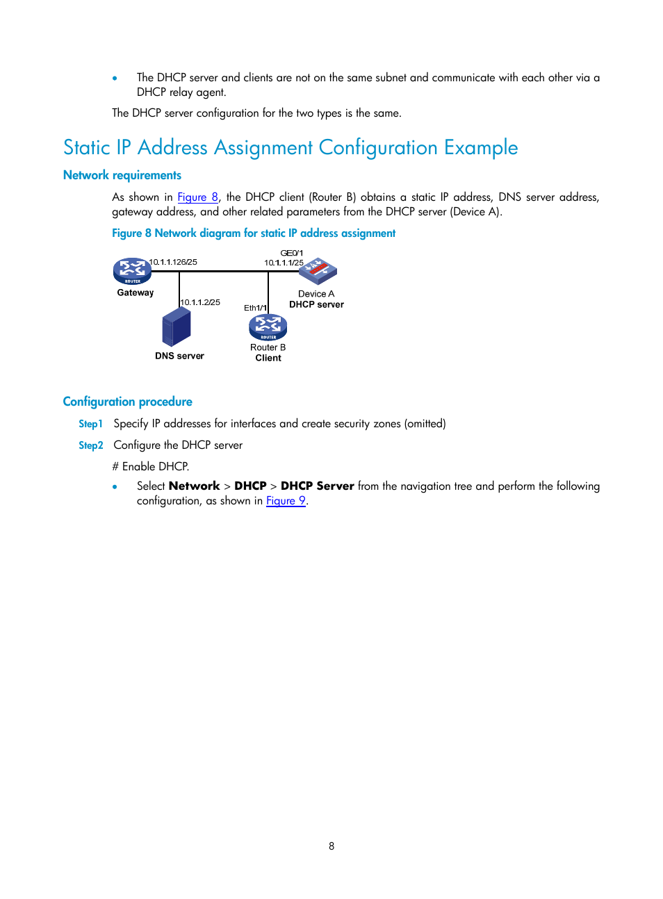 Static ip address assignment configuration example, Network requirements, Configuration procedure | H3C Technologies H3C SecPath F1000-E User Manual | Page 239 / 938