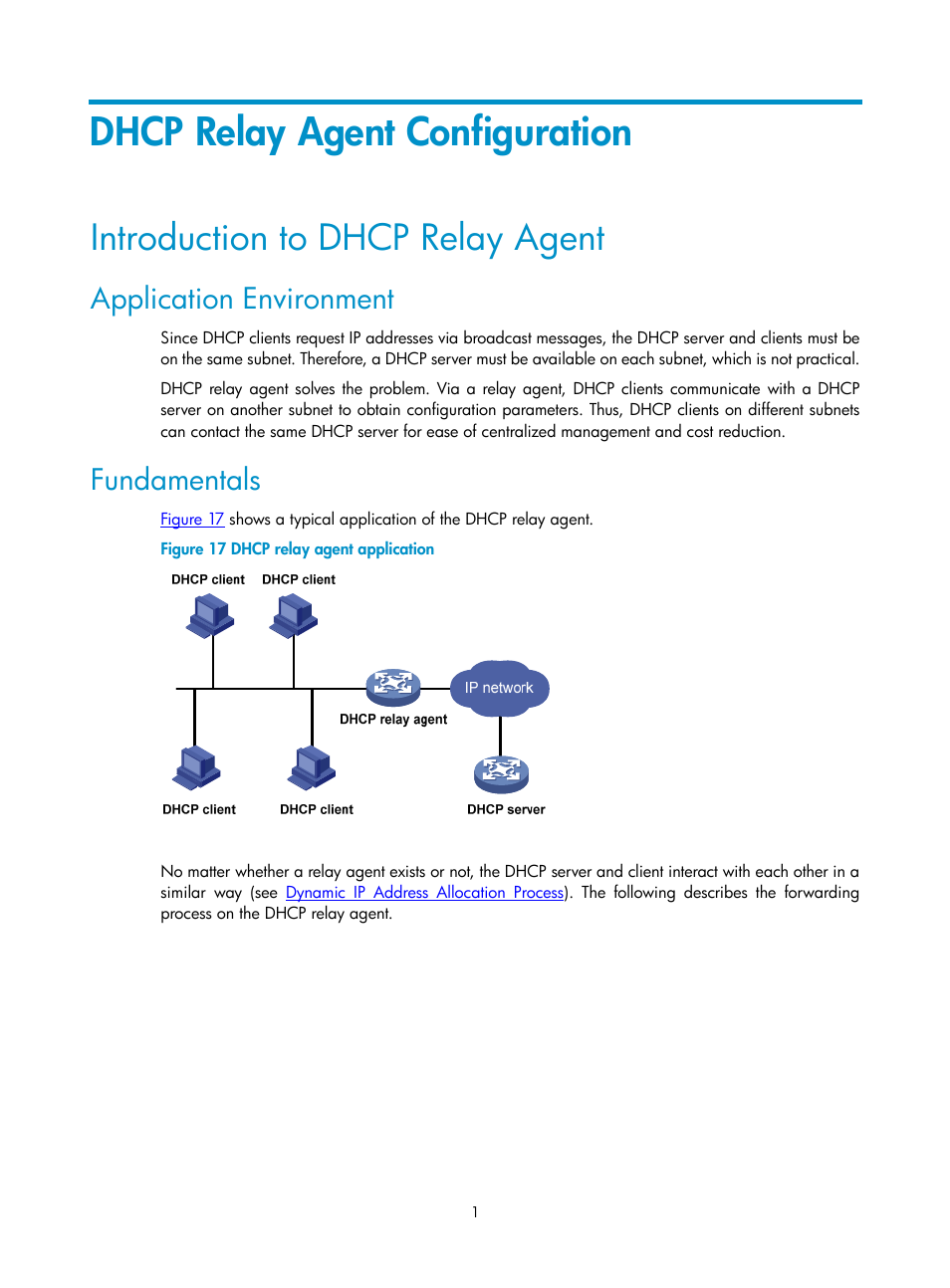 Dhcp relay agent configuration, Introduction to dhcp relay agent, Application environment | Fundamentals | H3C Technologies H3C SecPath F1000-E User Manual | Page 247 / 938
