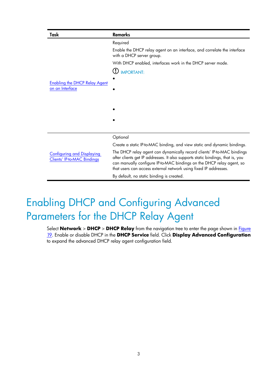 Enabling dhcp and configuring advanced, Parameters for the dhcp relay, Agent | H3C Technologies H3C SecPath F1000-E User Manual | Page 249 / 938