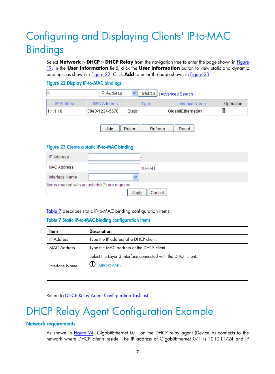 Dhcp relay agent configuration example, Network requirements | H3C Technologies H3C SecPath F1000-E User Manual | Page 253 / 938