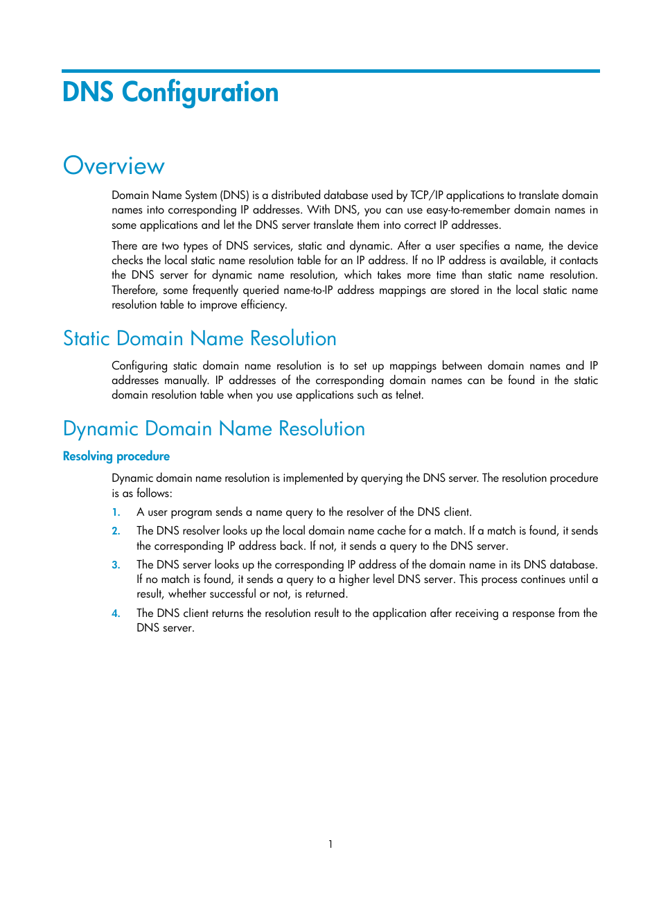 Dns configuration, Overview, Static domain name resolution | Dynamic domain name resolution, Resolving procedure | H3C Technologies H3C SecPath F1000-E User Manual | Page 258 / 938