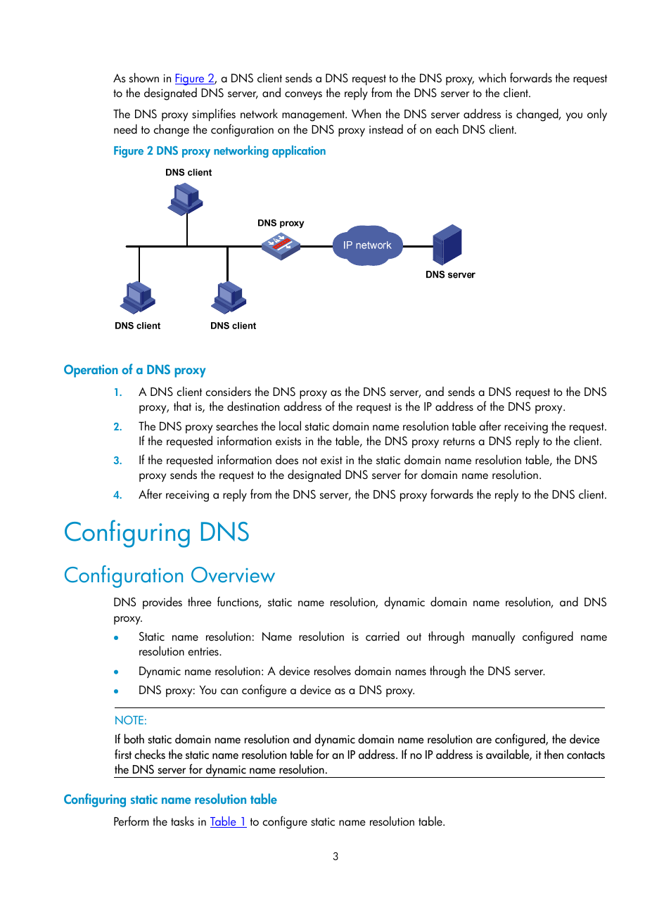 Operation of a dns proxy, Configuring dns, Configuration overview | Configuring static name resolution table | H3C Technologies H3C SecPath F1000-E User Manual | Page 260 / 938