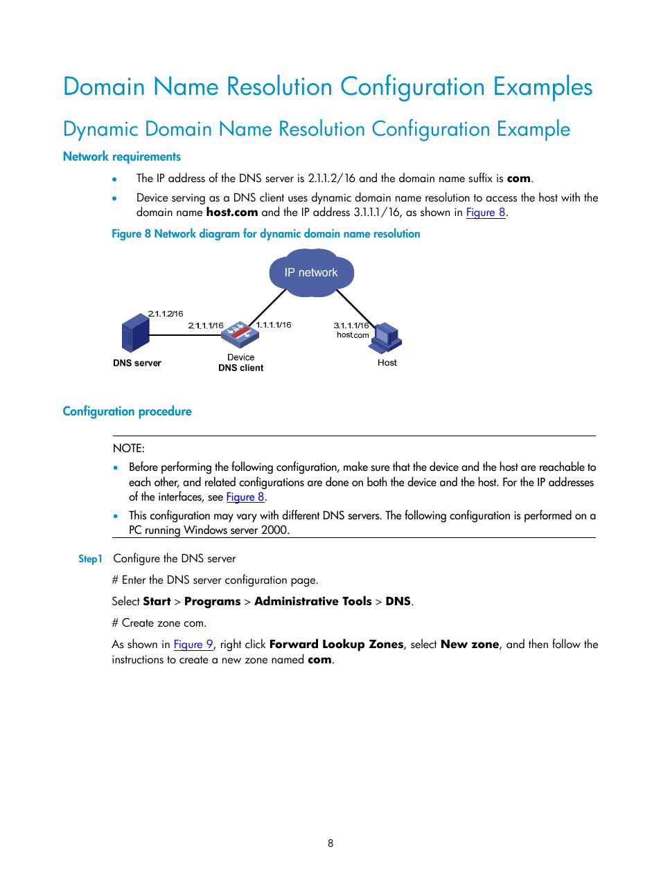 Domain name resolution configuration examples, Network requirements, Configuration procedure | H3C Technologies H3C SecPath F1000-E User Manual | Page 265 / 938