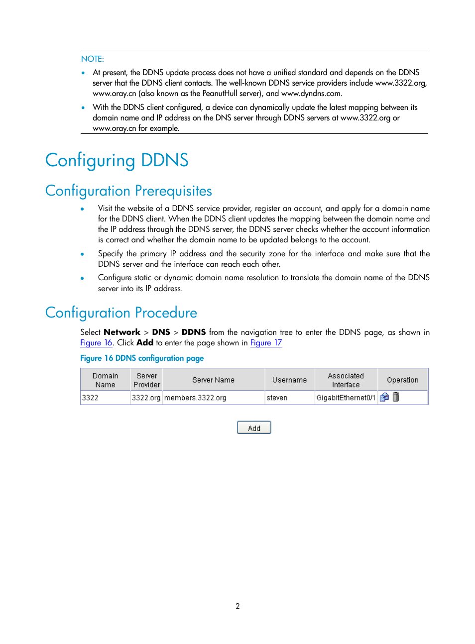 Configuring ddns, Configuration prerequisites, Configuration procedure | H3C Technologies H3C SecPath F1000-E User Manual | Page 270 / 938