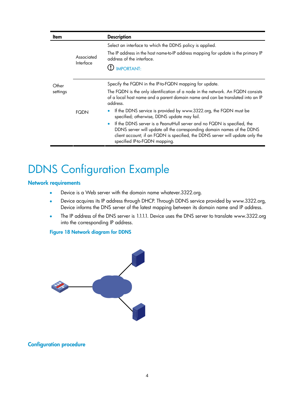 Ddns configuration example, Network requirements, Configuration procedure | H3C Technologies H3C SecPath F1000-E User Manual | Page 272 / 938