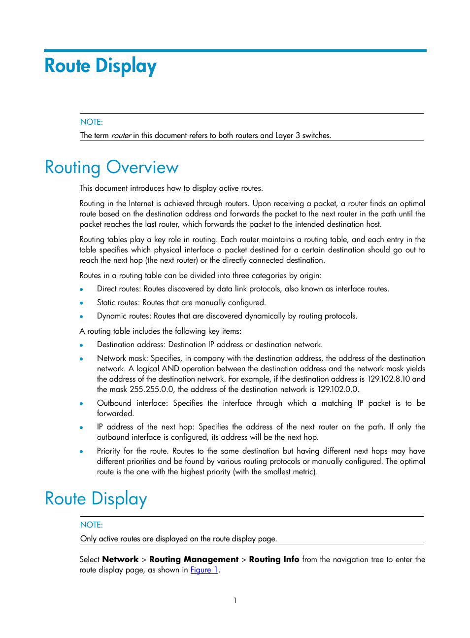 Route display, Routing overview | H3C Technologies H3C SecPath F1000-E User Manual | Page 276 / 938