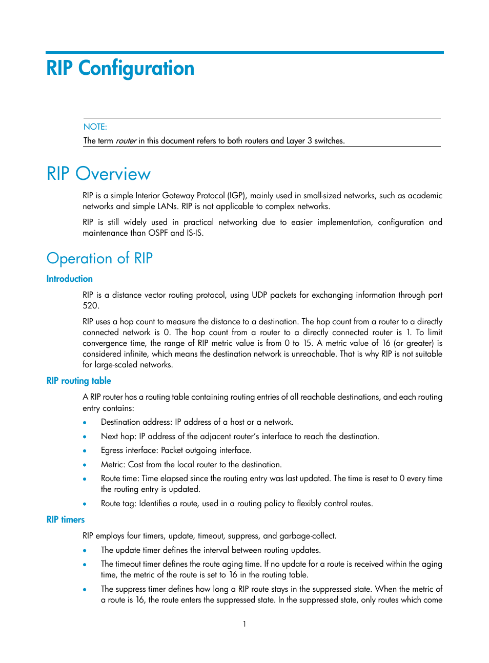 Rip configuration, Rip overview, Operation of rip | Introduction, Rip routing table, Rip timers | H3C Technologies H3C SecPath F1000-E User Manual | Page 286 / 938