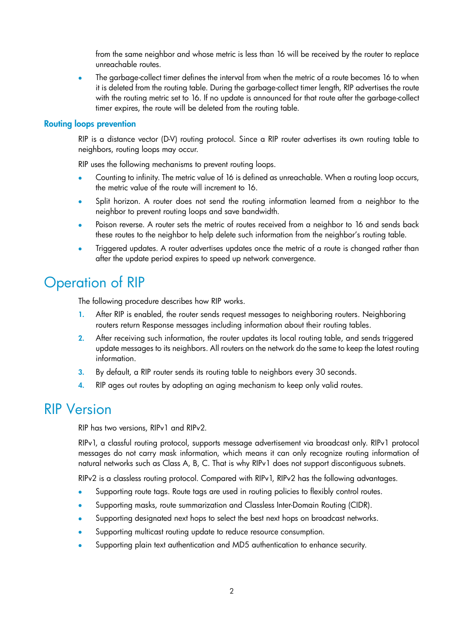 Routing loops prevention, Operation of rip, Rip version | H3C Technologies H3C SecPath F1000-E User Manual | Page 287 / 938