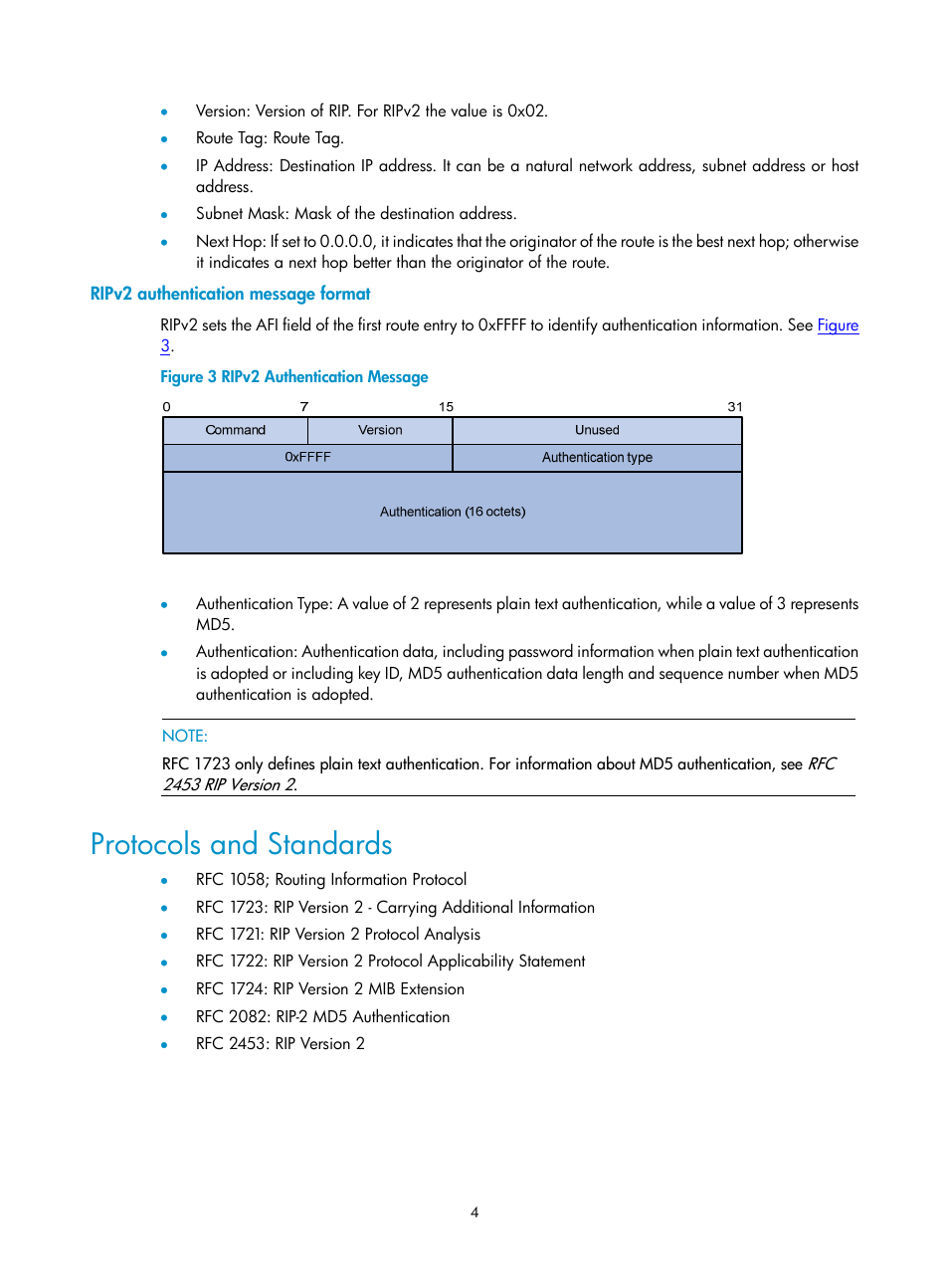 Ripv2 authentication message format, Protocols and standards | H3C Technologies H3C SecPath F1000-E User Manual | Page 289 / 938