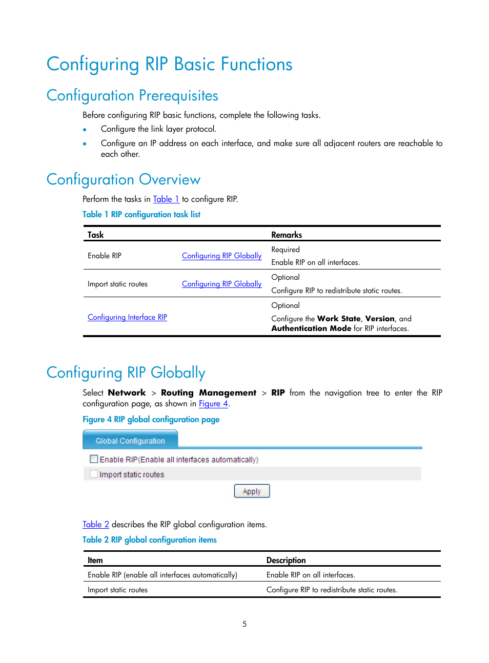 Configuring rip basic functions, Configuration prerequisites, Configuration overview | Configuring rip globally | H3C Technologies H3C SecPath F1000-E User Manual | Page 290 / 938