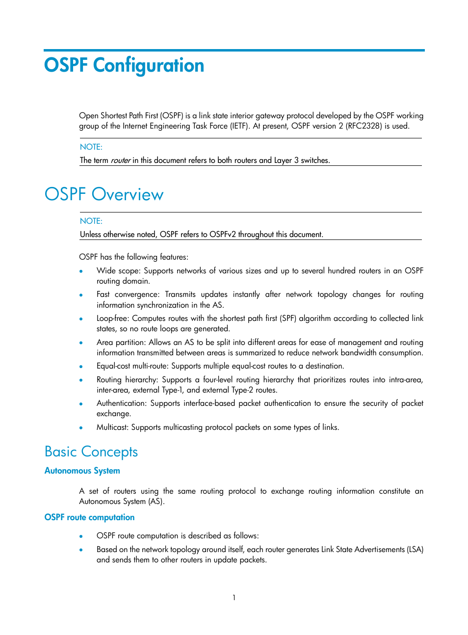 Ospf configuration, Ospf overview, Basic concepts | Autonomous system, Ospf route computation | H3C Technologies H3C SecPath F1000-E User Manual | Page 296 / 938