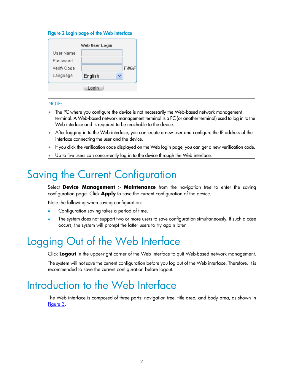Saving the current configuration, Logging out of the web interface, Introduction to the web interface | H3C Technologies H3C SecPath F1000-E User Manual | Page 3 / 938
