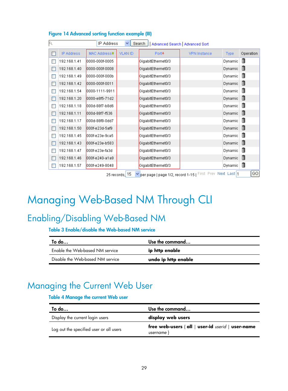 Managing web-based nm through cli, Enabling/disabling web-based nm, Managing the current web user | Figure 14 | H3C Technologies H3C SecPath F1000-E User Manual | Page 30 / 938