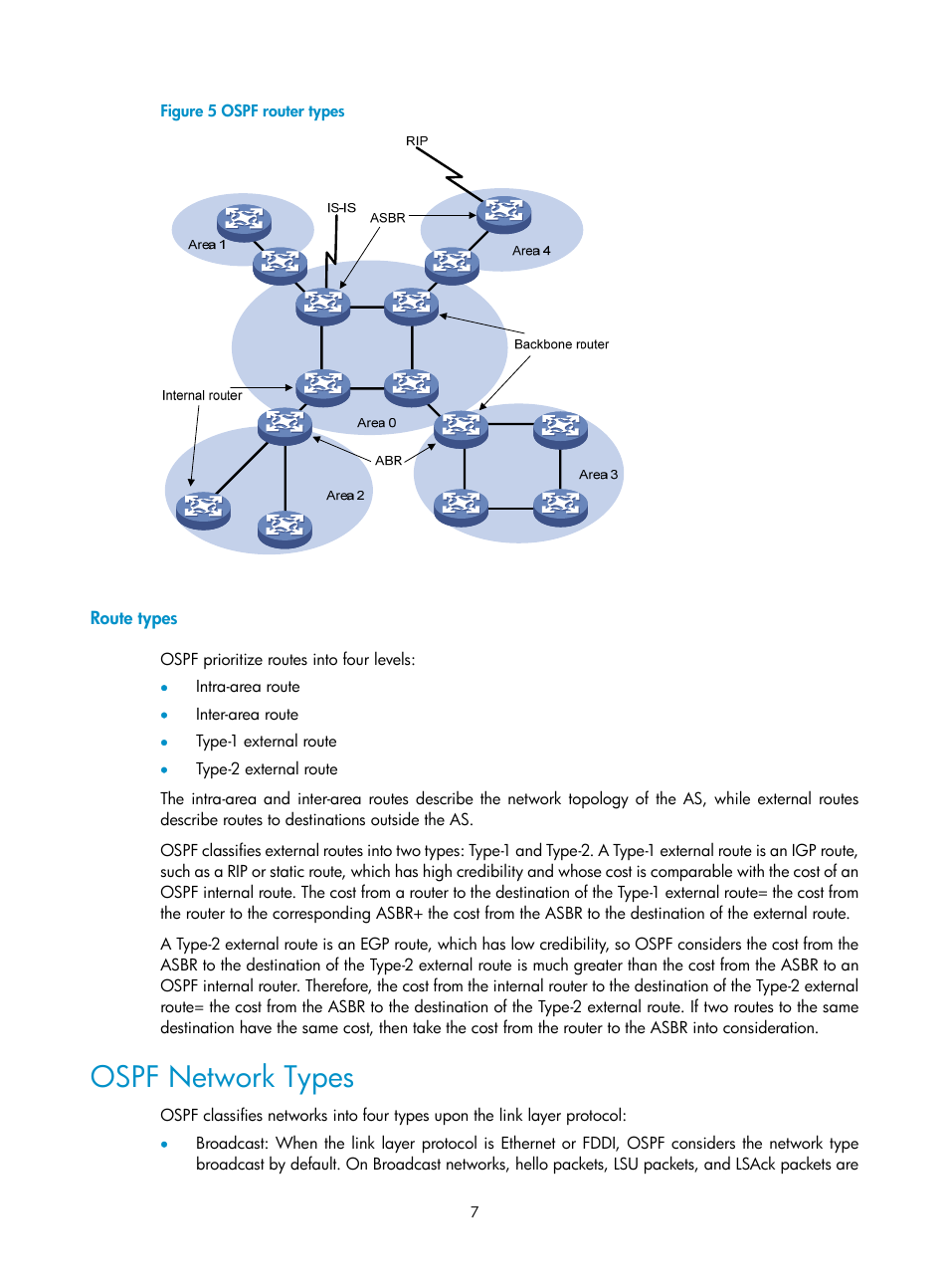 Route types, Ospf network types | H3C Technologies H3C SecPath F1000-E User Manual | Page 302 / 938
