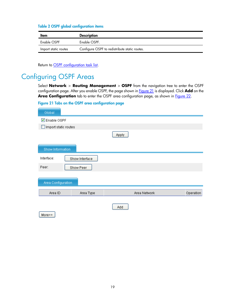 Configuring ospf areas, Table 2 | H3C Technologies H3C SecPath F1000-E User Manual | Page 314 / 938