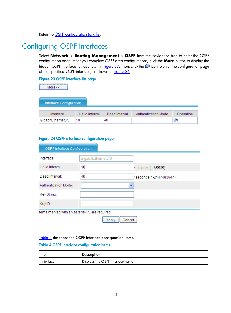 Configuring ospf interfaces | H3C Technologies H3C SecPath F1000-E User Manual | Page 316 / 938