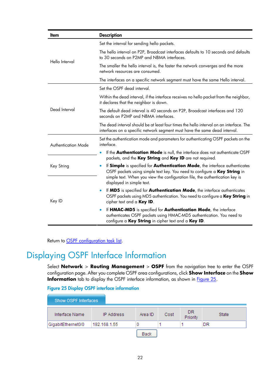 Displaying ospf interface information | H3C Technologies H3C SecPath F1000-E User Manual | Page 317 / 938