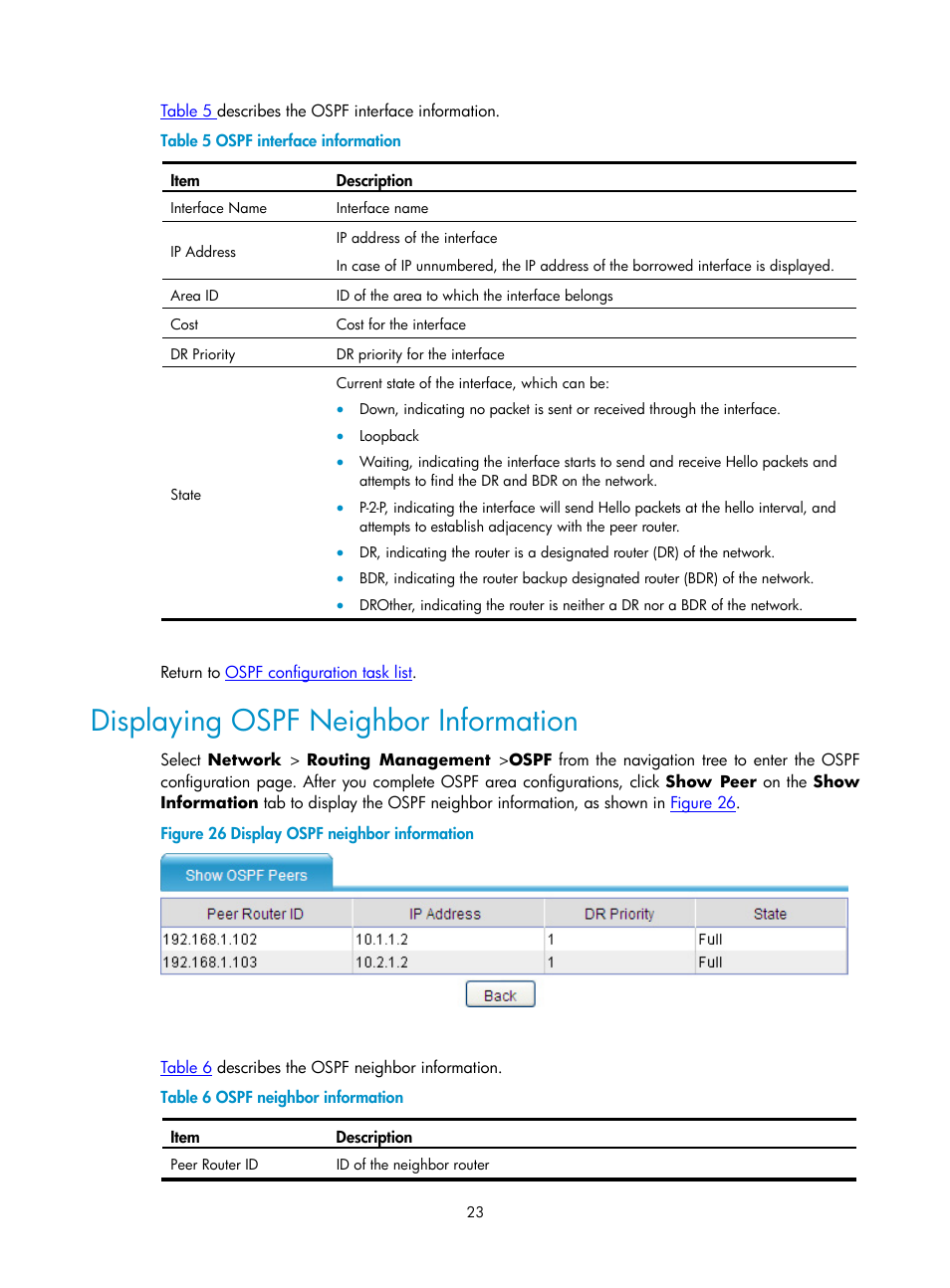 Displaying ospf neighbor information | H3C Technologies H3C SecPath F1000-E User Manual | Page 318 / 938