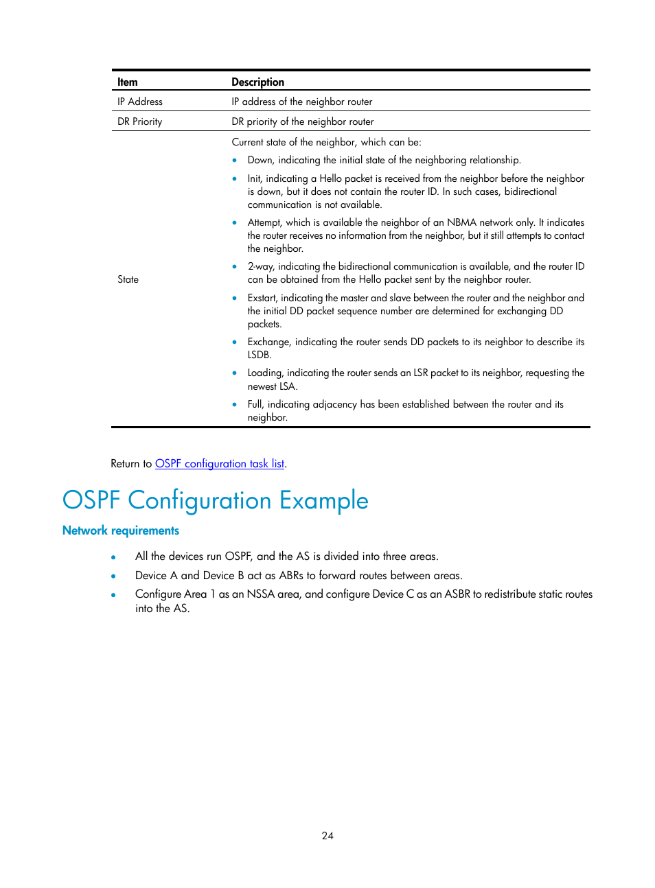 Ospf configuration example, Network requirements | H3C Technologies H3C SecPath F1000-E User Manual | Page 319 / 938