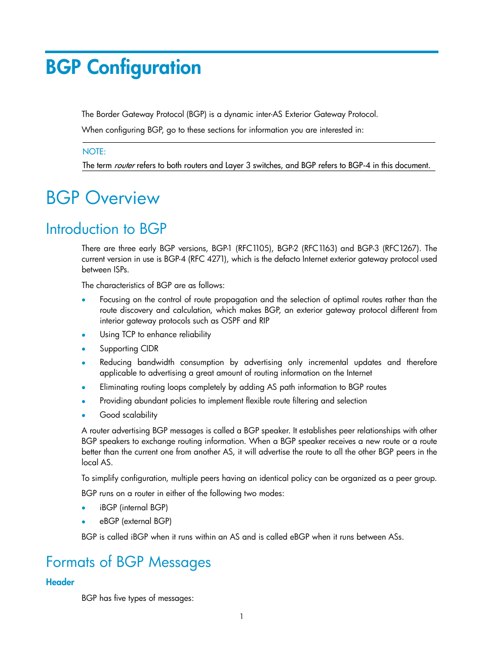 Bgp configuration, Bgp overview, Introduction to bgp | Formats of bgp messages, Header | H3C Technologies H3C SecPath F1000-E User Manual | Page 327 / 938