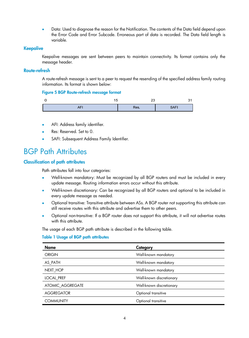 Keepalive, Route-refresh, Bgp path attributes | Classification of path attributes | H3C Technologies H3C SecPath F1000-E User Manual | Page 330 / 938