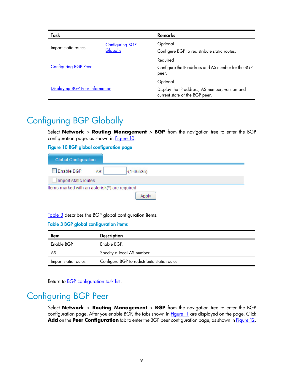 Configuring bgp globally, Configuring bgp peer | H3C Technologies H3C SecPath F1000-E User Manual | Page 335 / 938