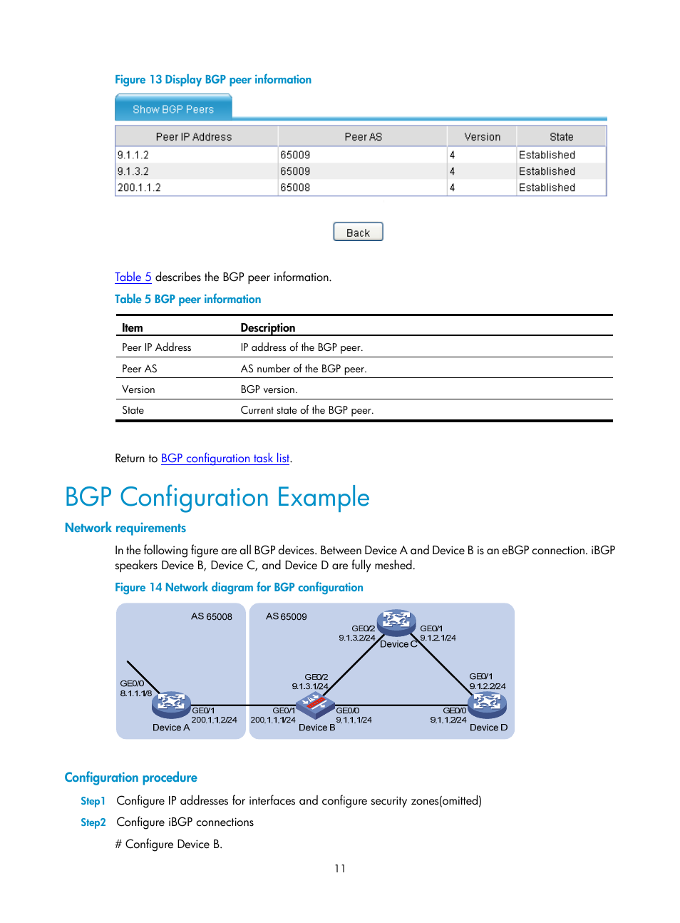 Bgp configuration example, Network requirements, Configuration procedure | Figure 13 | H3C Technologies H3C SecPath F1000-E User Manual | Page 337 / 938