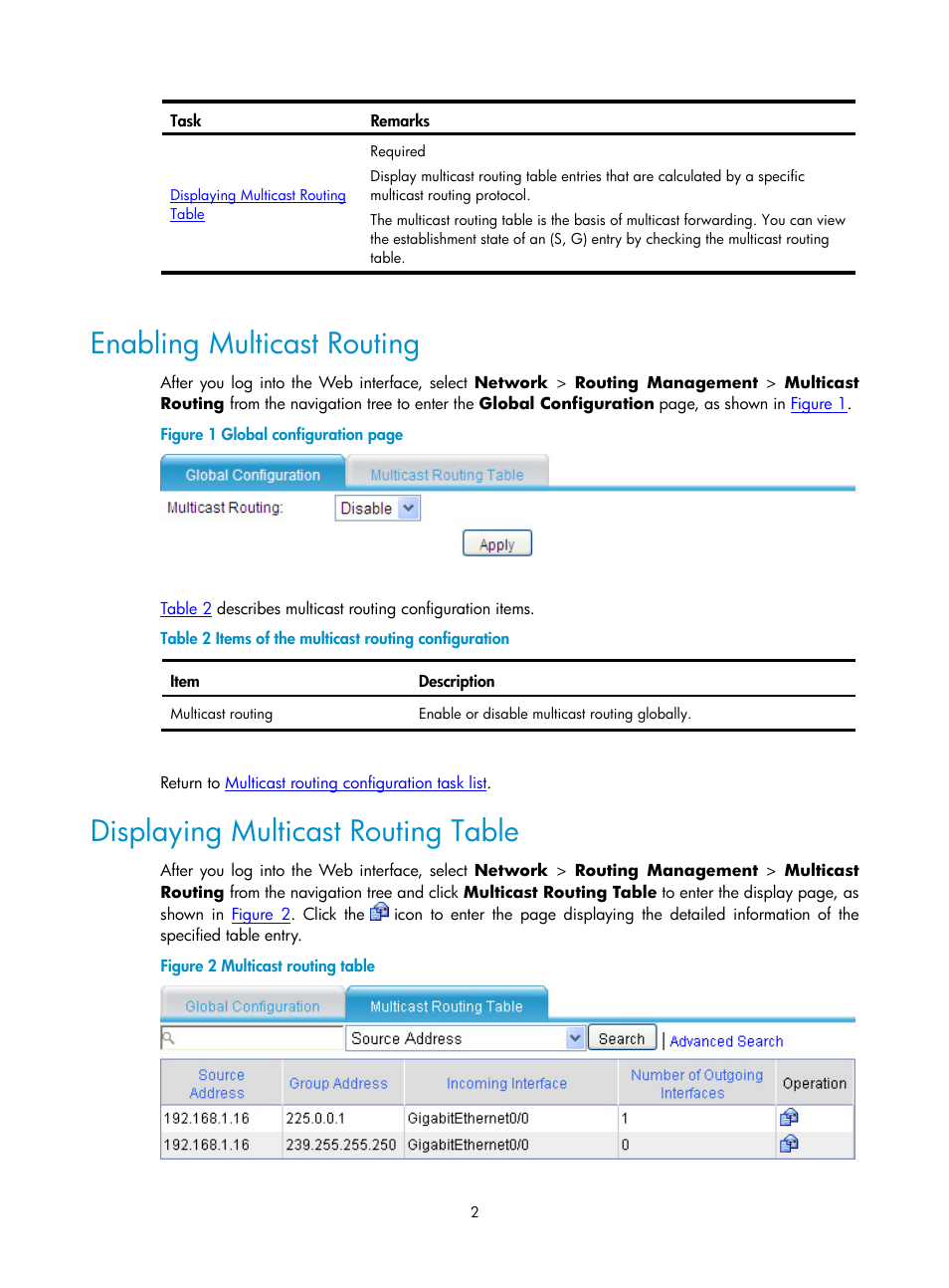 Enabling multicast routing, Displaying multicast routing table | H3C Technologies H3C SecPath F1000-E User Manual | Page 343 / 938