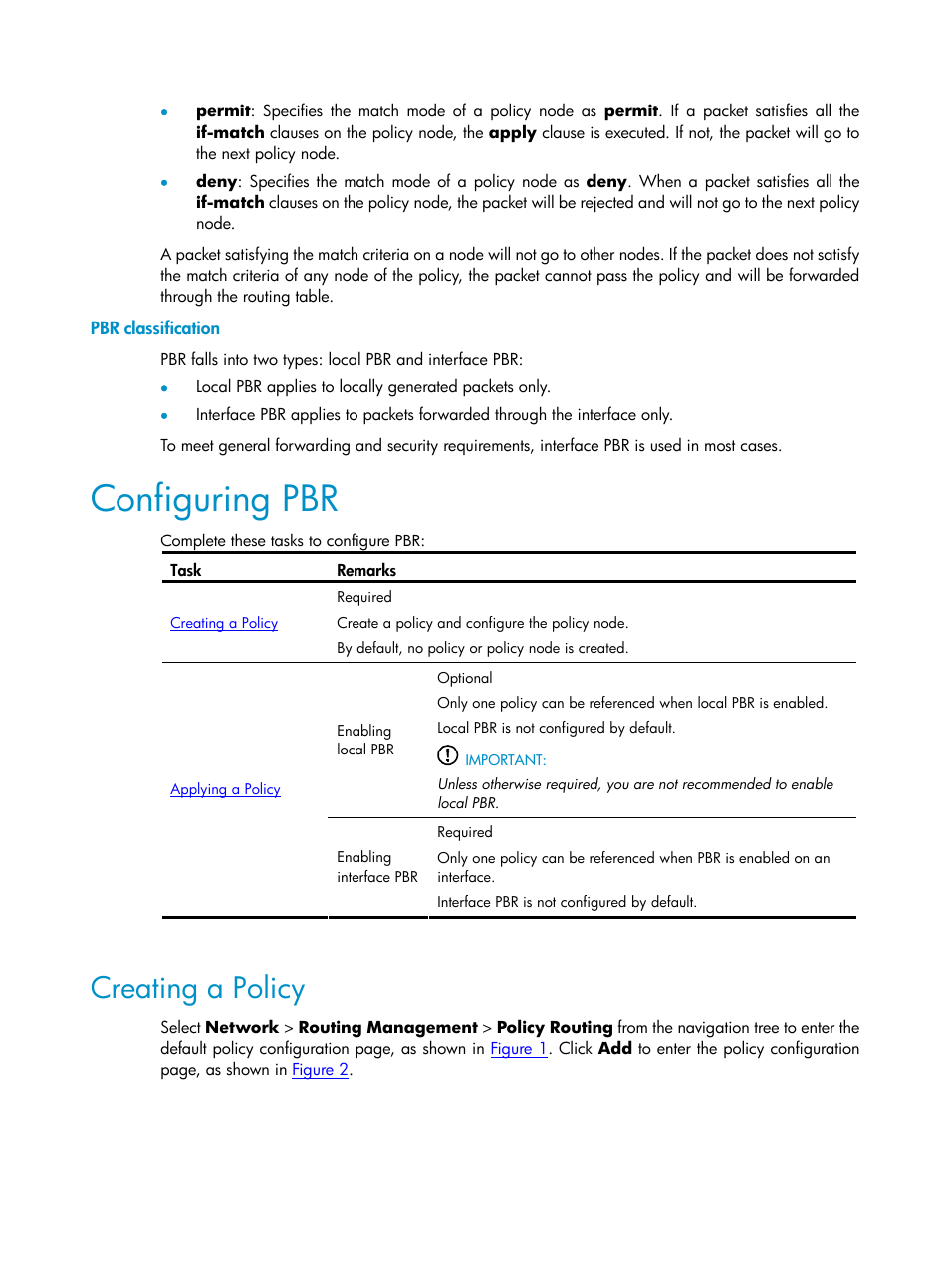 Pbr classification, Configuring pbr, Creating a policy | H3C Technologies H3C SecPath F1000-E User Manual | Page 347 / 938