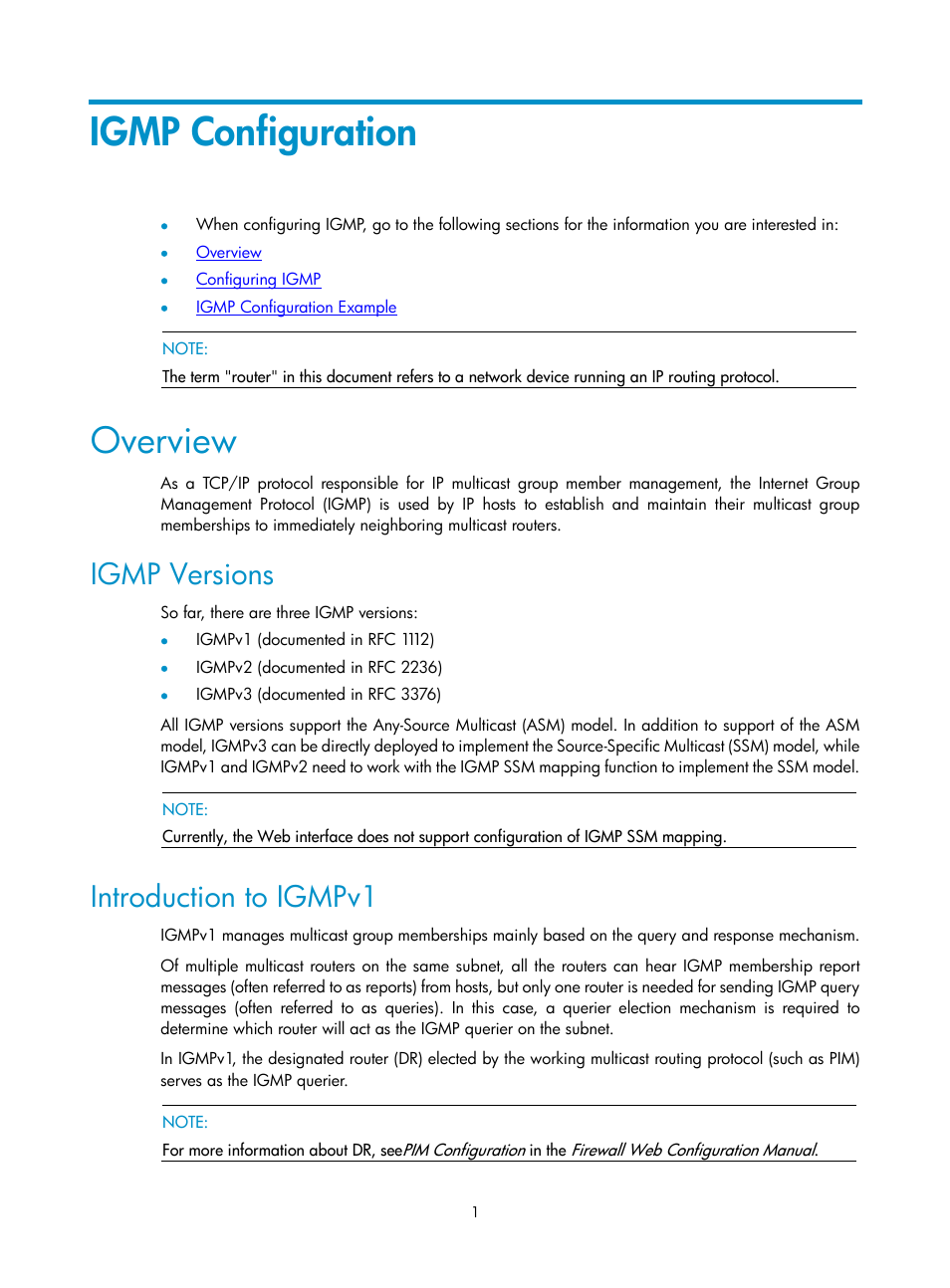 Igmp configuration, Overview, Igmp versions | Introduction to igmpv1 | H3C Technologies H3C SecPath F1000-E User Manual | Page 357 / 938