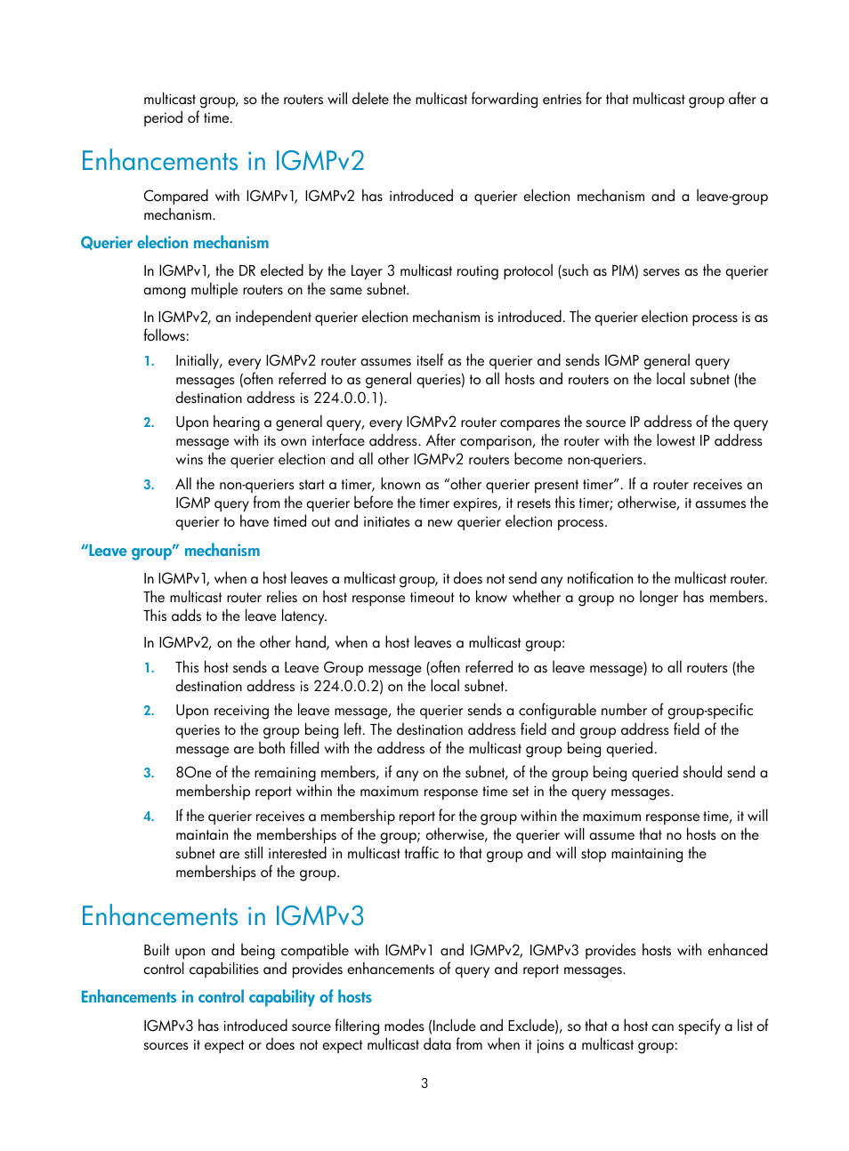 Enhancements in igmpv2, Querier election mechanism, Leave group” mechanism | Enhancements in igmpv3, Enhancements in control capability of hosts | H3C Technologies H3C SecPath F1000-E User Manual | Page 359 / 938
