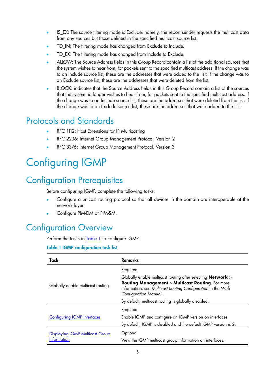 Protocols and standards, Configuring igmp, Configuration prerequisites | Configuration overview | H3C Technologies H3C SecPath F1000-E User Manual | Page 361 / 938
