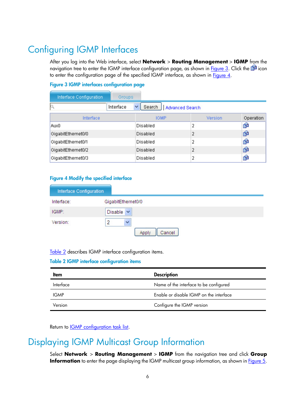 Configuring igmp interfaces, Displaying igmp multicast group information | H3C Technologies H3C SecPath F1000-E User Manual | Page 362 / 938