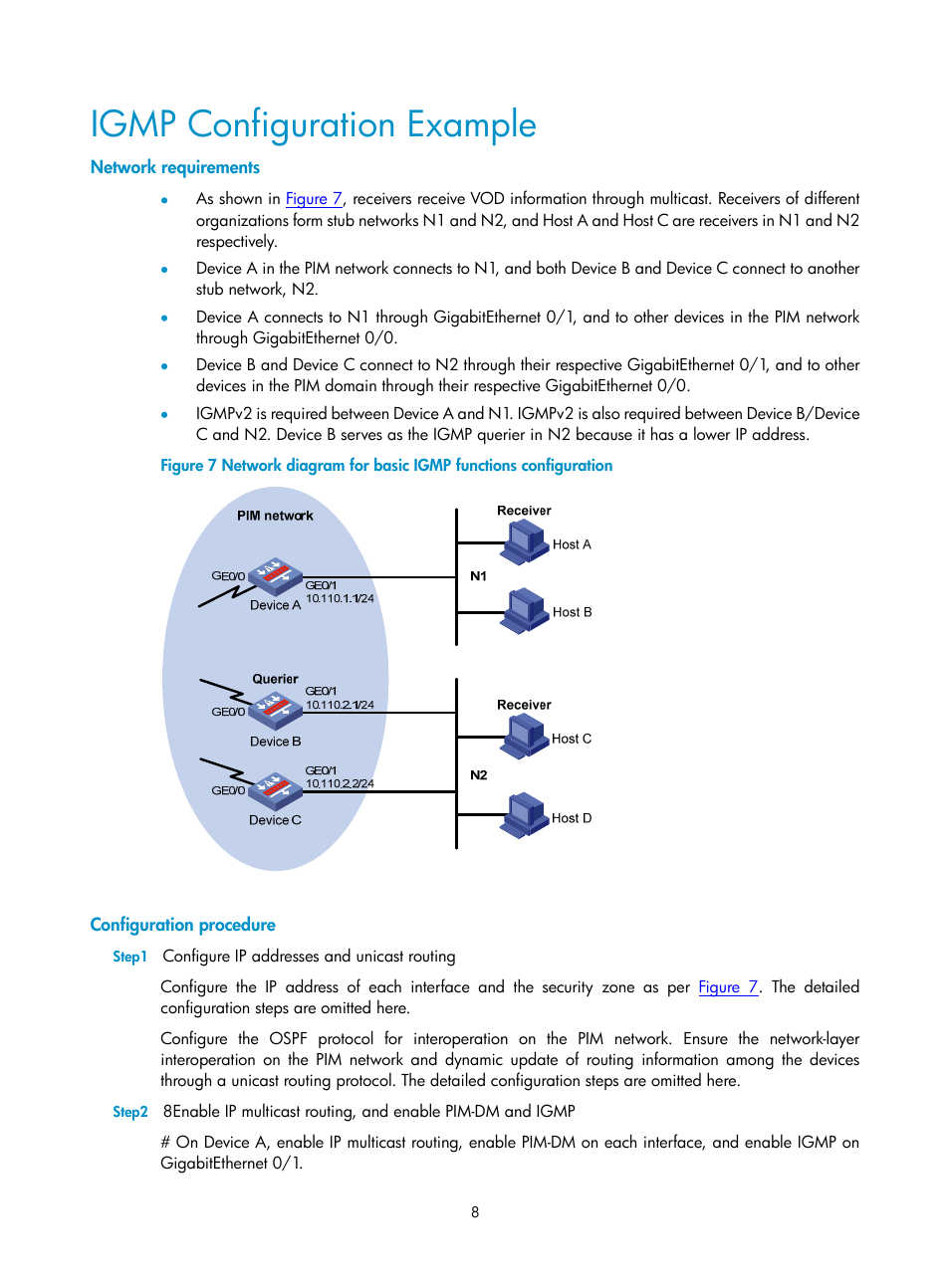 Igmp configuration example, Network requirements, Configuration procedure | H3C Technologies H3C SecPath F1000-E User Manual | Page 364 / 938