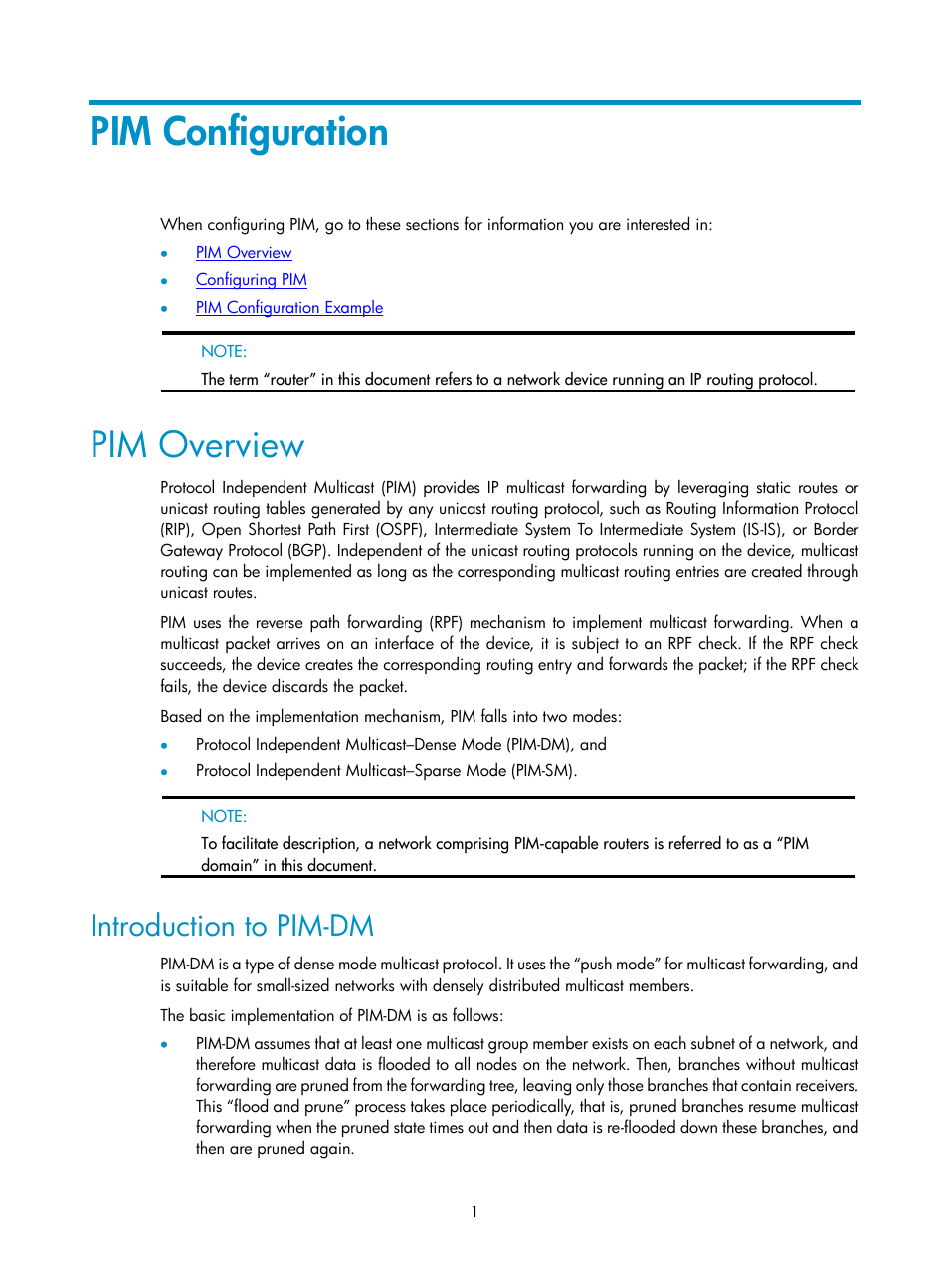 Pim configuration, Pim overview, Introduction to pim-dm | H3C Technologies H3C SecPath F1000-E User Manual | Page 369 / 938