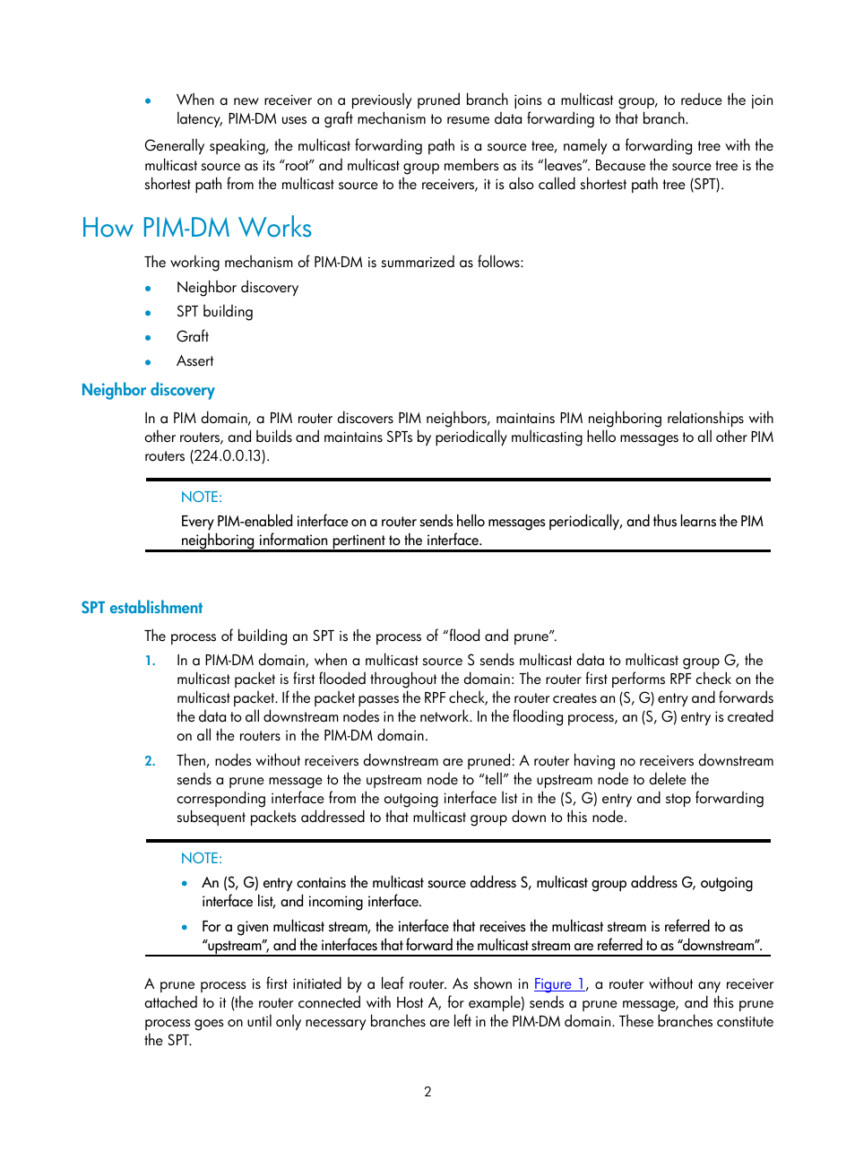 How pim-dm works, Neighbor discovery, Spt establishment | H3C Technologies H3C SecPath F1000-E User Manual | Page 370 / 938