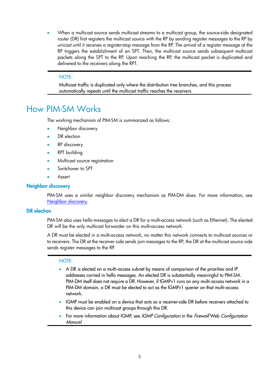 How pim-sm works, Neighbor discovery, Dr election | H3C Technologies H3C SecPath F1000-E User Manual | Page 373 / 938