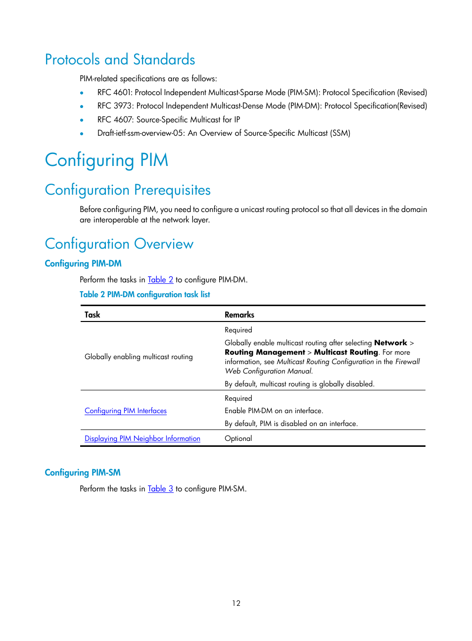 Protocols and standards, Configuring pim, Configuration prerequisites | Configuration overview, Configuring pim-dm, Configuring pim-sm | H3C Technologies H3C SecPath F1000-E User Manual | Page 380 / 938