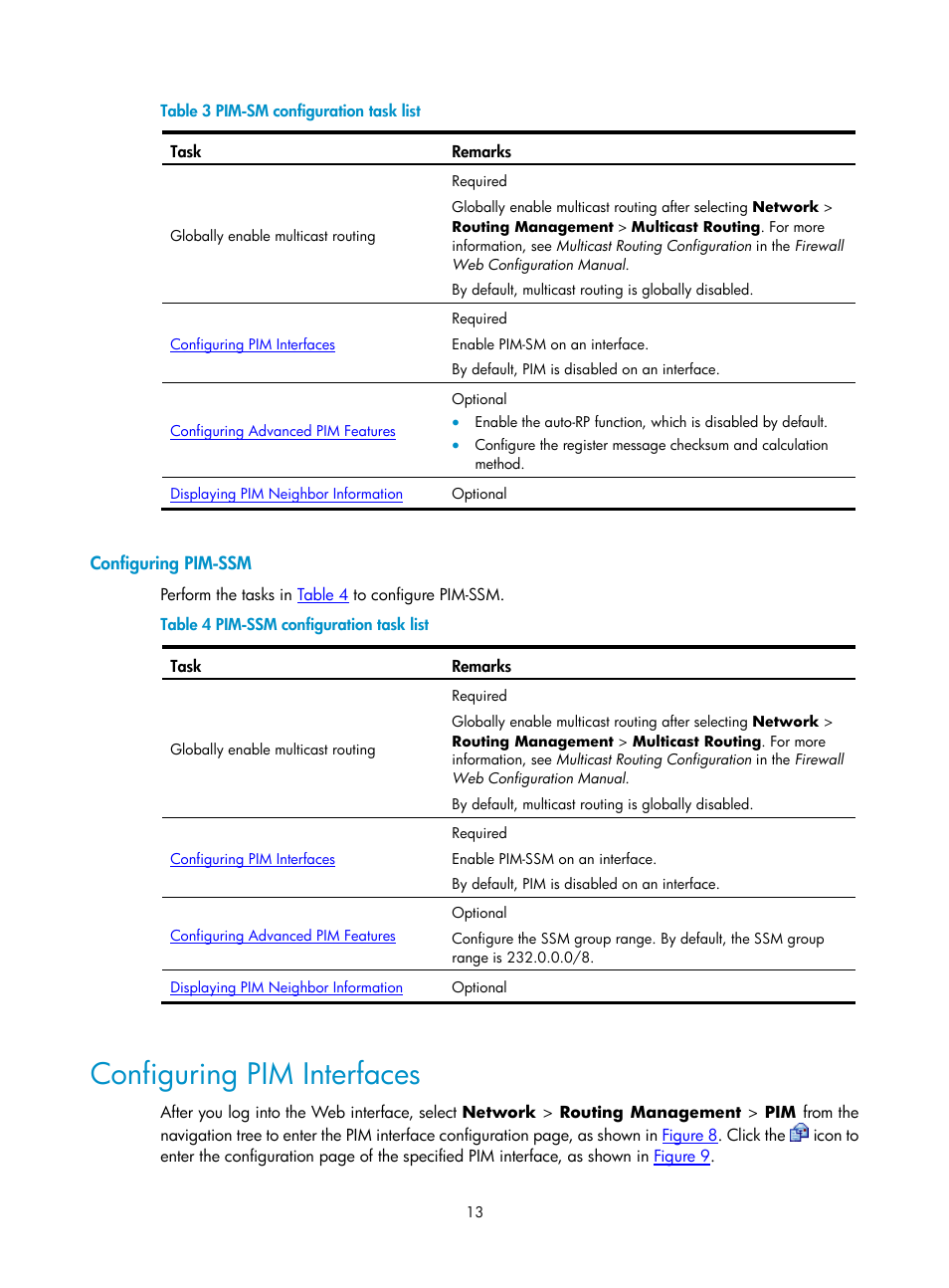 Configuring pim-ssm, Configuring pim interfaces, Table 3 | H3C Technologies H3C SecPath F1000-E User Manual | Page 381 / 938