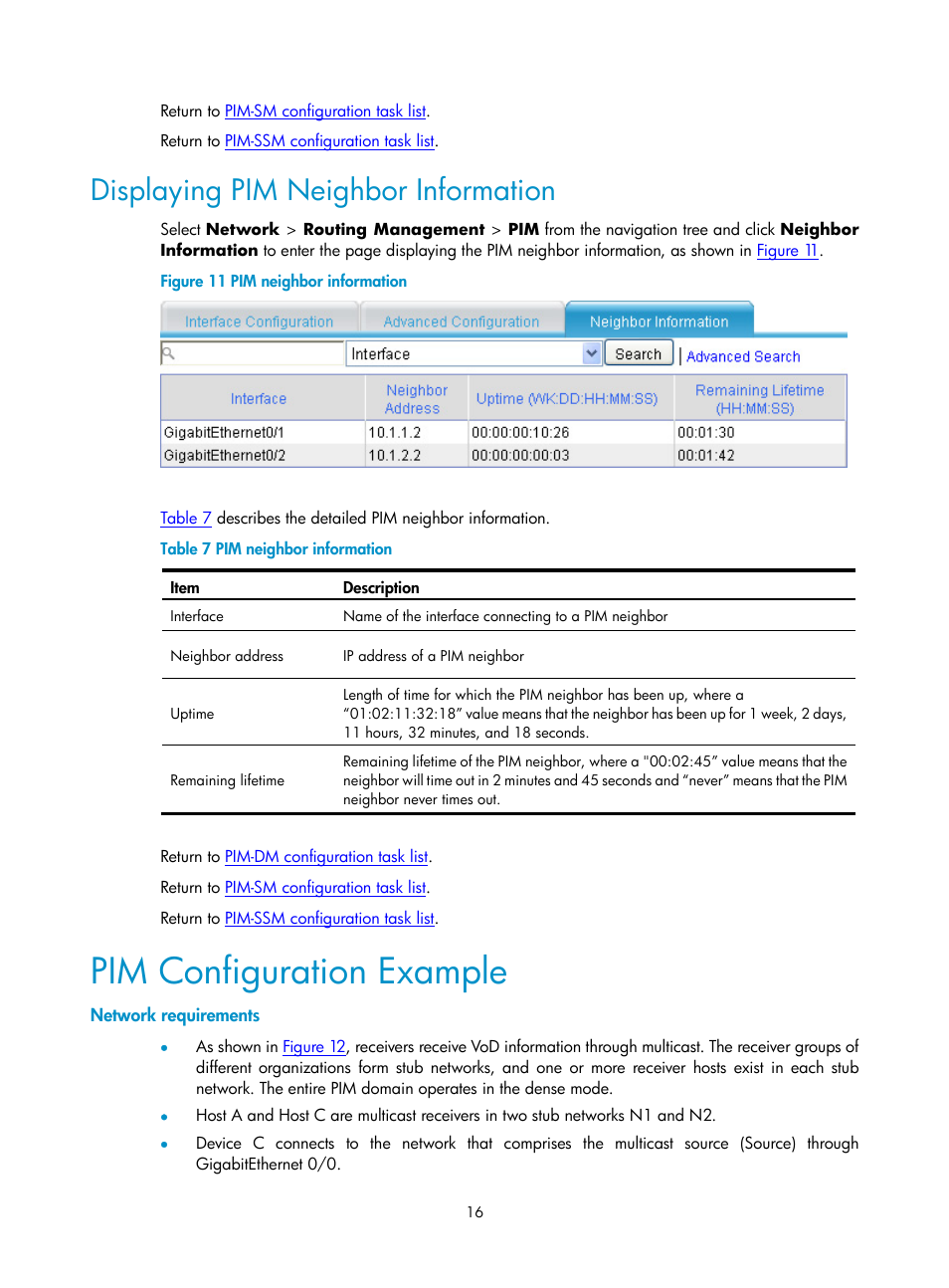 Displaying pim neighbor information, Pim configuration example, Network requirements | H3C Technologies H3C SecPath F1000-E User Manual | Page 384 / 938