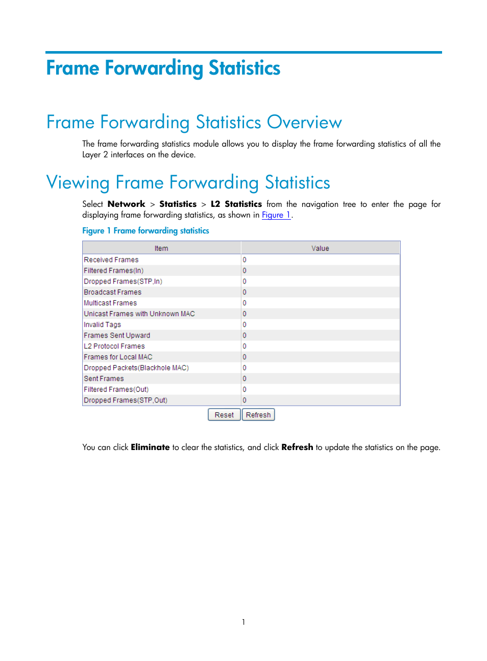 Frame forwarding statistics, Frame forwarding statistics overview, Viewing frame forwarding statistics | H3C Technologies H3C SecPath F1000-E User Manual | Page 389 / 938