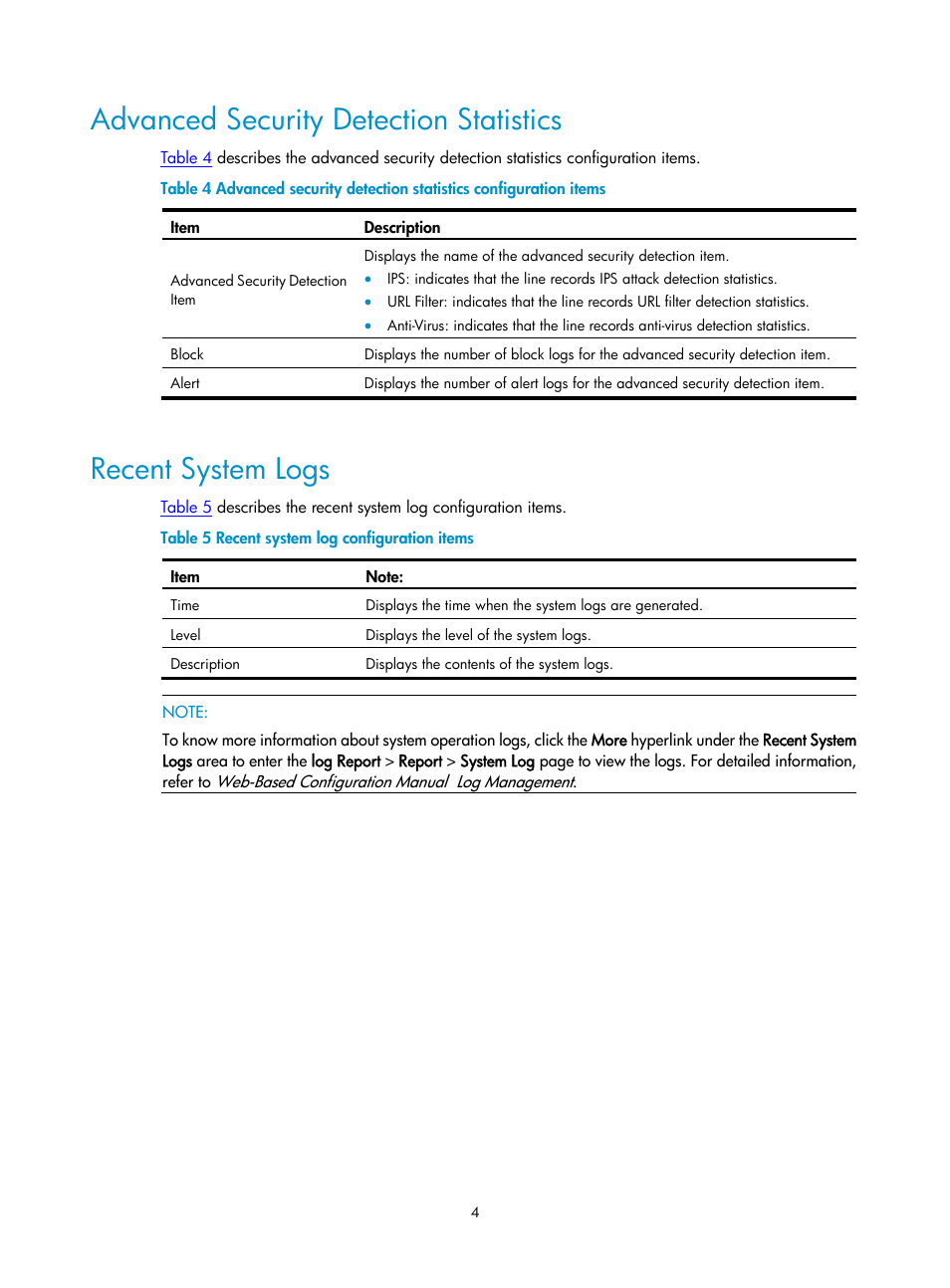 Advanced security detection statistics, Recent system logs | H3C Technologies H3C SecPath F1000-E User Manual | Page 39 / 938