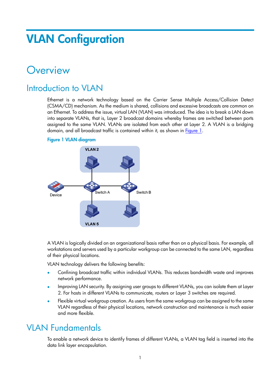 Vlan configuration, Overview, Introduction to vlan | Vlan fundamentals | H3C Technologies H3C SecPath F1000-E User Manual | Page 391 / 938