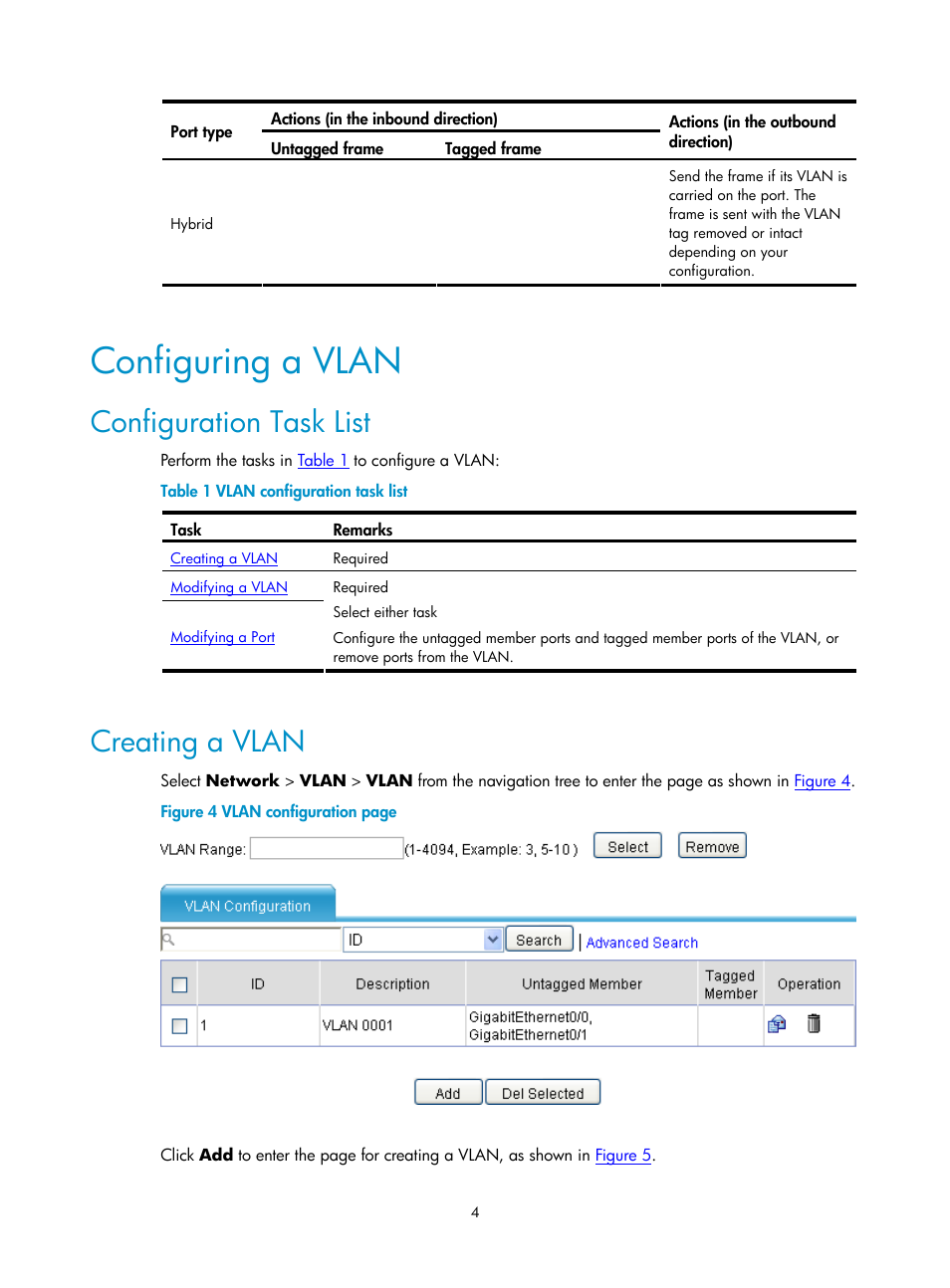 Configuring a vlan, Configuration task list, Creating a vlan | H3C Technologies H3C SecPath F1000-E User Manual | Page 394 / 938