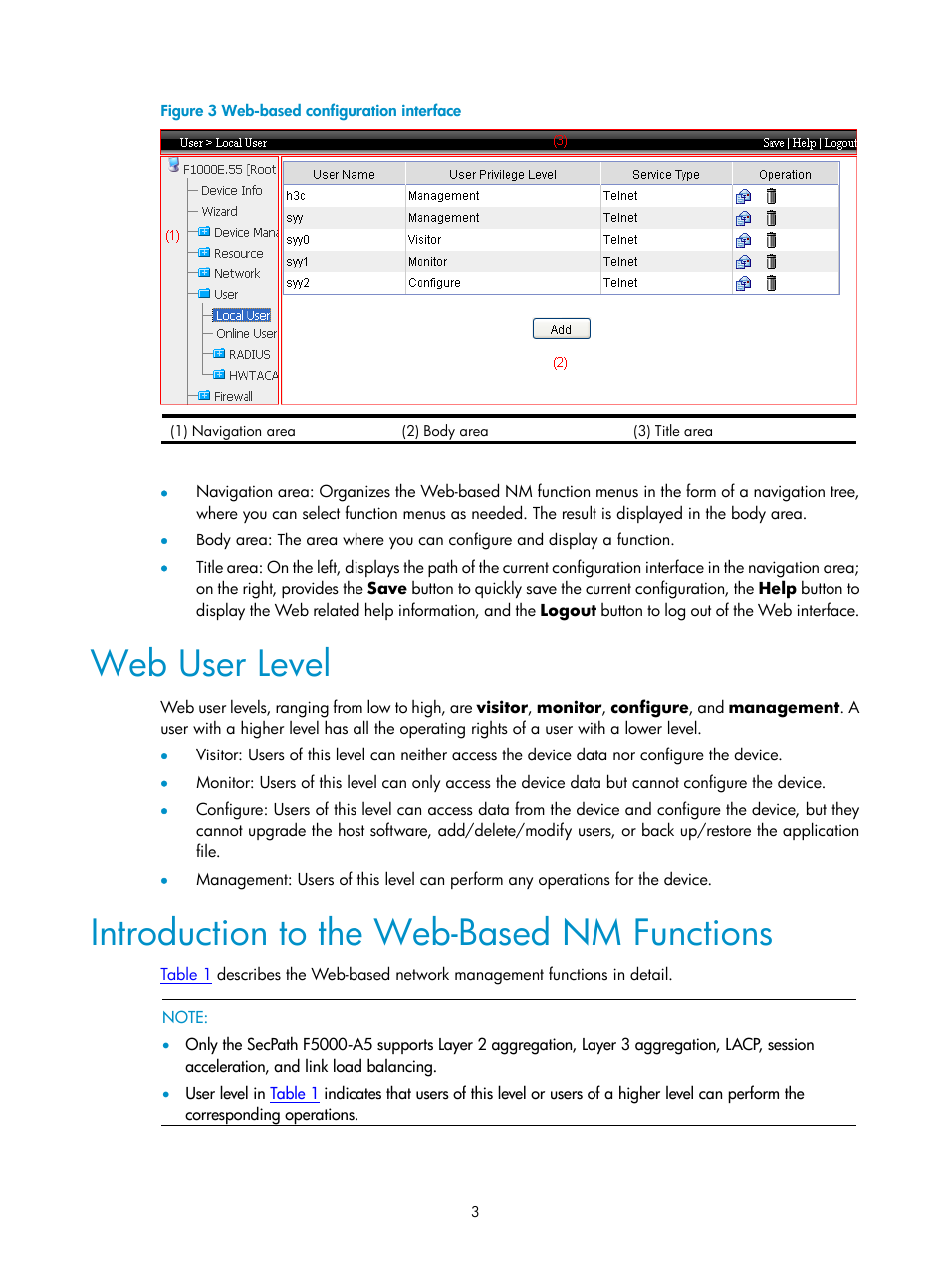Web user level, Introduction to the web-based nm functions | H3C Technologies H3C SecPath F1000-E User Manual | Page 4 / 938