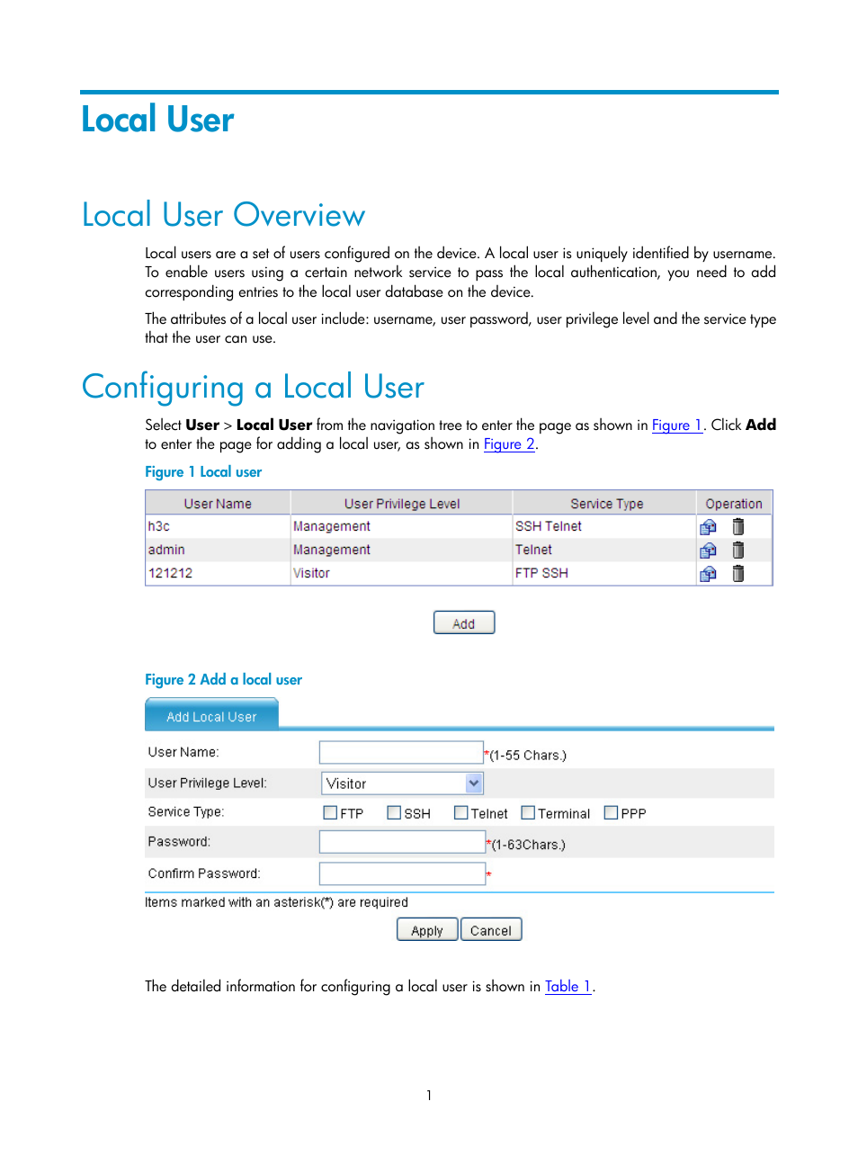 Local user, Local user overview, Configuring a local user | H3C Technologies H3C SecPath F1000-E User Manual | Page 403 / 938