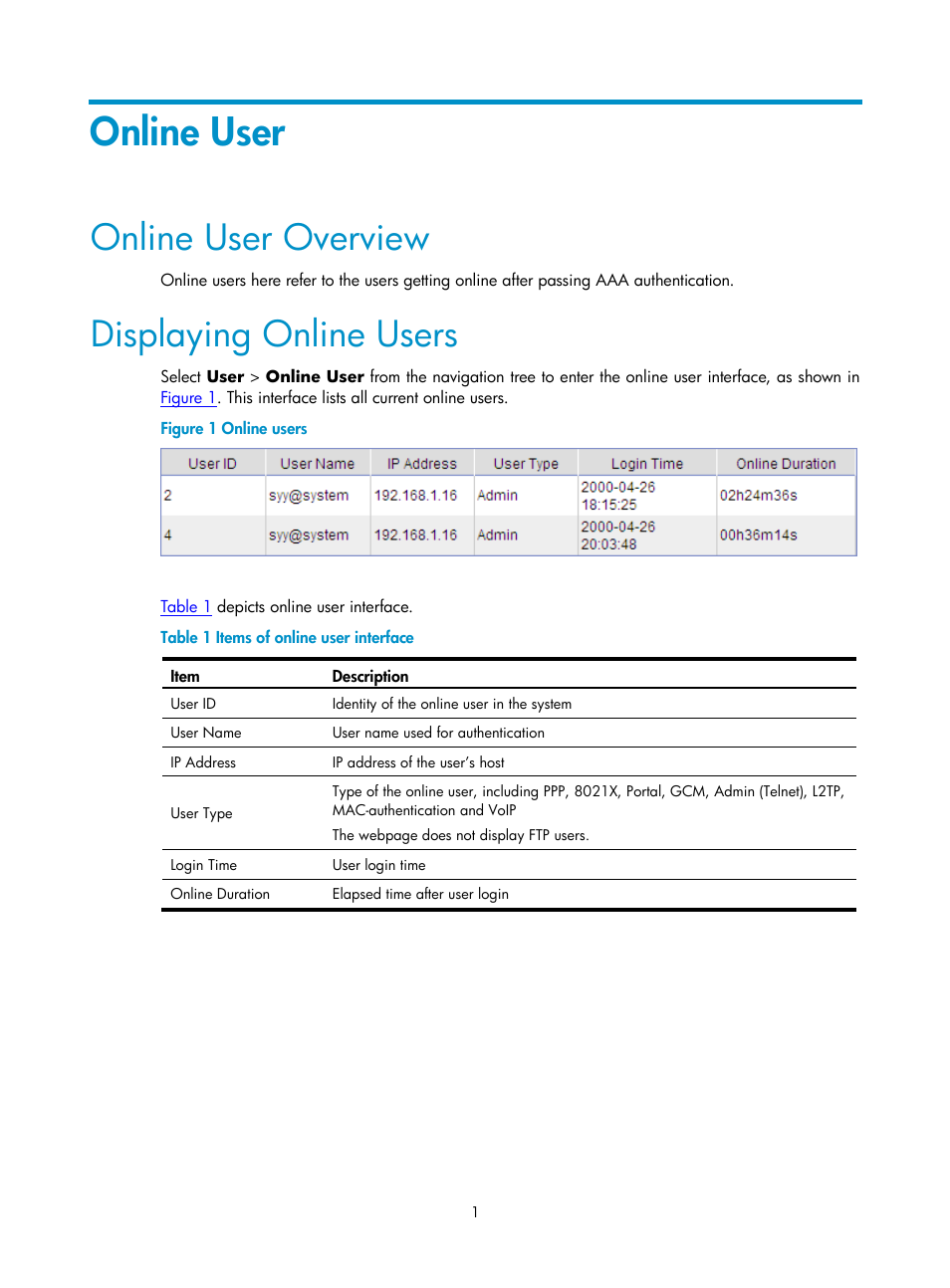 Online user, Online user overview, Displaying online users | H3C Technologies H3C SecPath F1000-E User Manual | Page 407 / 938