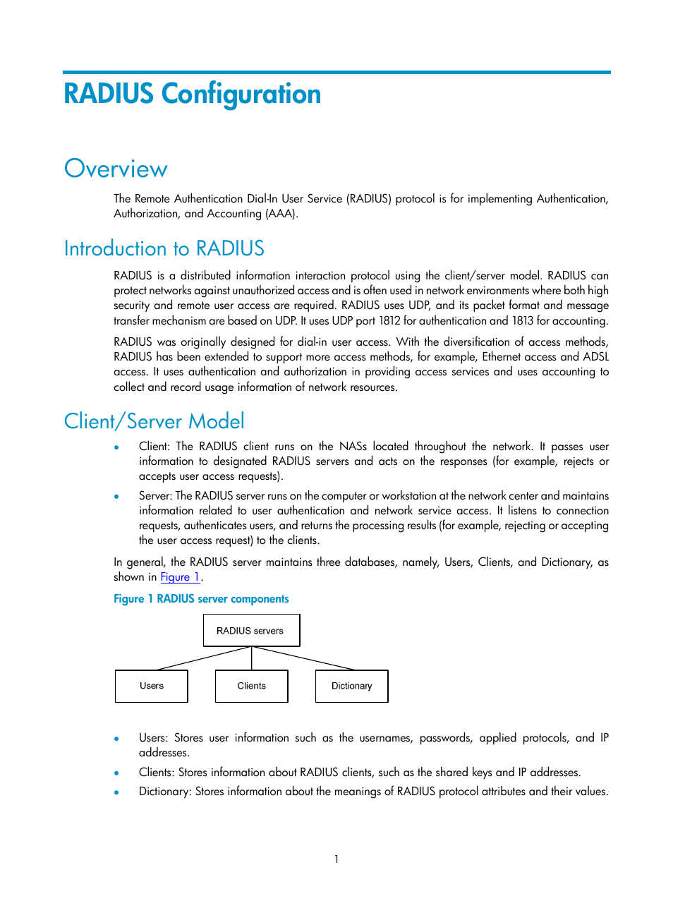 Radius configuration, Overview, Introduction to radius | Client/server model | H3C Technologies H3C SecPath F1000-E User Manual | Page 409 / 938