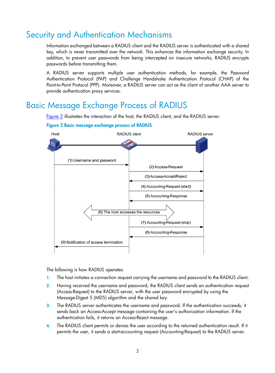 Security and authentication mechanisms, Basic message exchange process of radius | H3C Technologies H3C SecPath F1000-E User Manual | Page 410 / 938