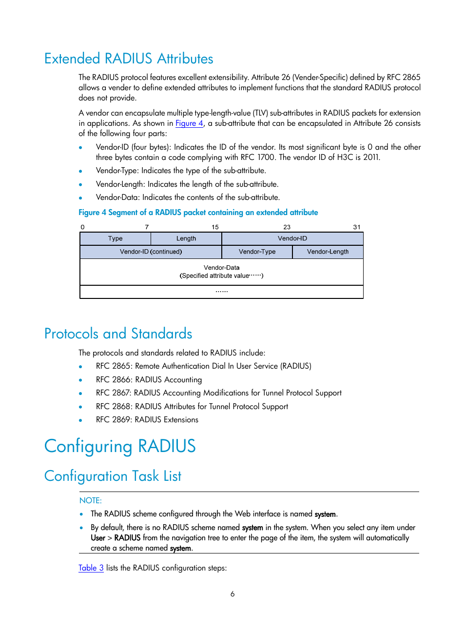 Extended radius attributes, Protocols and standards, Configuring radius | Configuration task list | H3C Technologies H3C SecPath F1000-E User Manual | Page 414 / 938